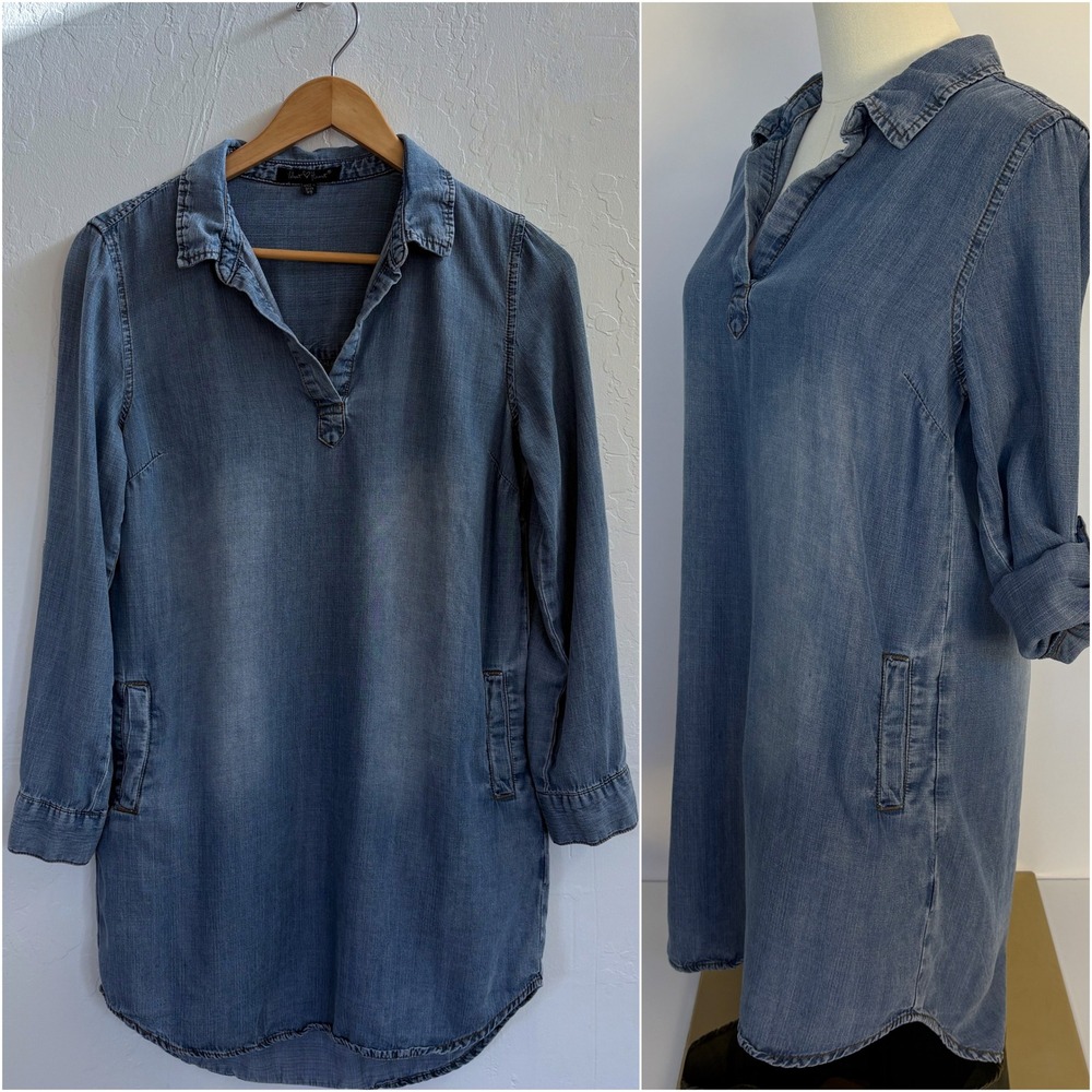 Velvet Heart Tencel Chambray Popover Shift Dress XS‎ Split Neck Pockets Tunic